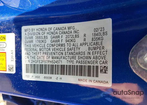 2023 Honda Civic Sport from USA, damaged, VIN 2HGFE2F57PH524571